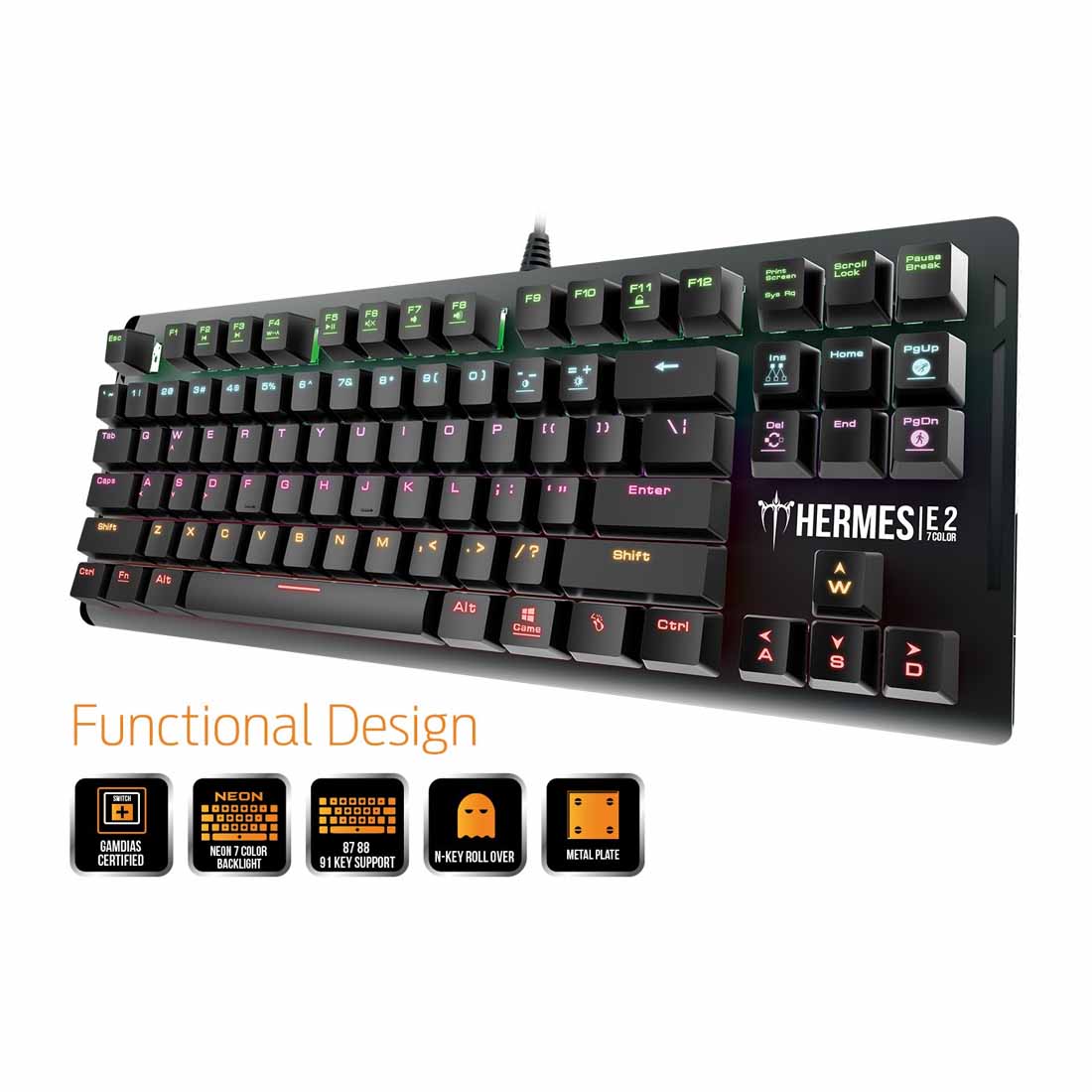 Gamdias HERMES E2 मैकेनिकल गेमिंग कीबोर्ड बिल्ट-इन मेमोरी और 7 कलर नियॉन रोशनी के साथ