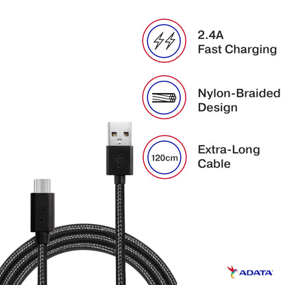 ADATA 2.4A फ़ास्ट चार्जिंग नायलॉन ब्रेडेड माइक्रो-USB सिंक और चार्ज केबल रिवर्सिबल डिज़ाइन के साथ - काला