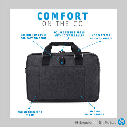 HP 6KD04AA Executive 14-Inch Slim Top Load Laptop Bag with Built-in USB Charging Port