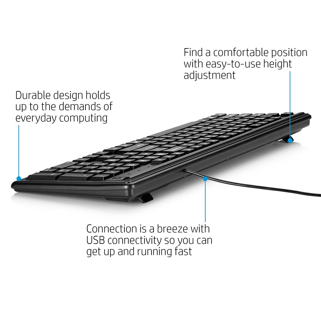 HP 100 वायर्ड USB डेस्कटॉप कीबोर्ड ऊंचाई एडजस्टमेंट के साथ