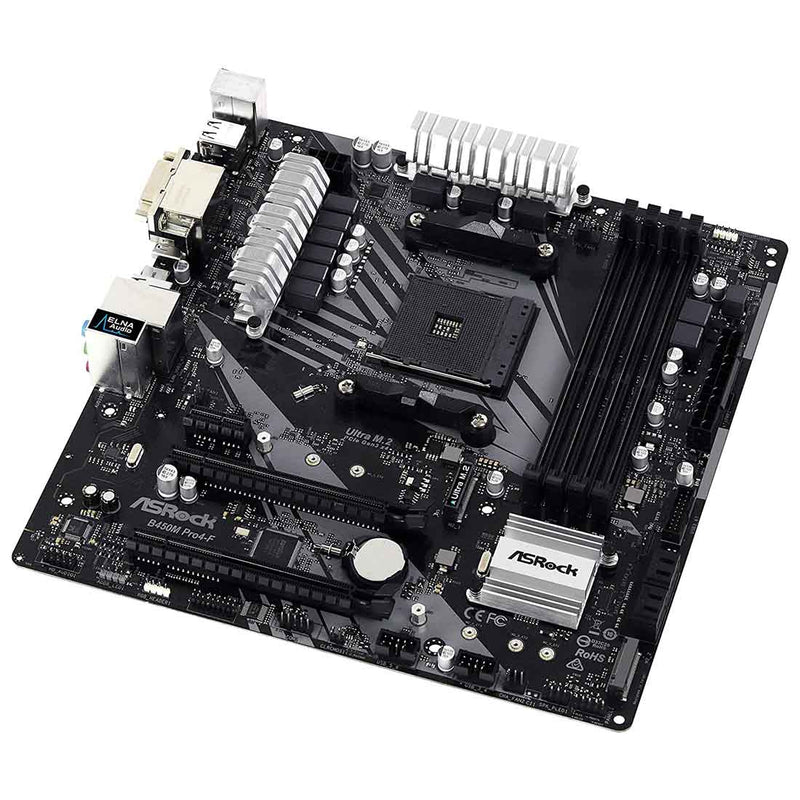 ASRock B450M Pro4-F AMD AM4 Micro-ATX Motherboard with PCIe 3.0 Ultra M.2 and Full Spike Protection