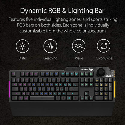 ASUS TUF K1 Gaming RGB Spill-Resistant Keyboard with Dedicated Volume Knob and Detachable Wrist Rest