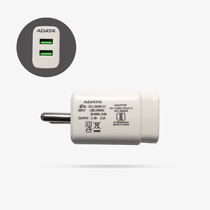 ADATA ADW-21 डुअल USB पोर्ट वॉल चार्जर 2.1A फास्ट चार्जिंग और इंटेलिजेंट चार्जिंग टेक्नोलॉजी के साथ