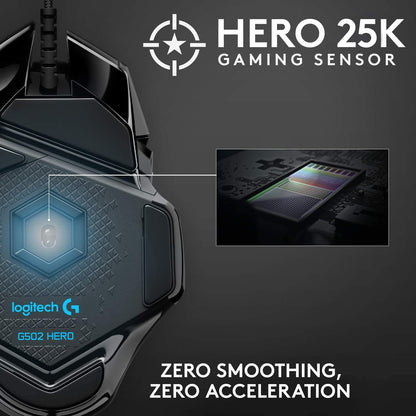 Logitech G502 Hero वायर्ड 25K सेंसर गेमिंग माउस एडजस्टेबल DPI के साथ 25600 ऑन-बोर्ड मेमोरी और 11 प्रोग्रामेबल बटन