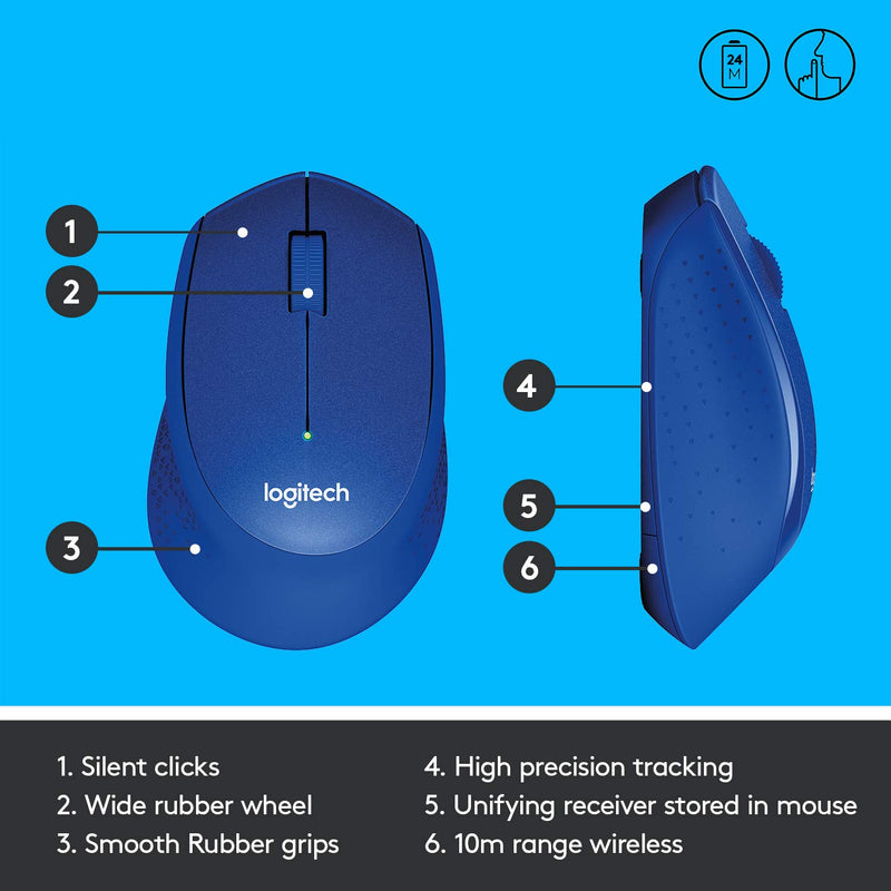 Logitech M331 Silent Plus Wireless Optical Mouse Blue with 1000DPI and 2.4 GHz Technology