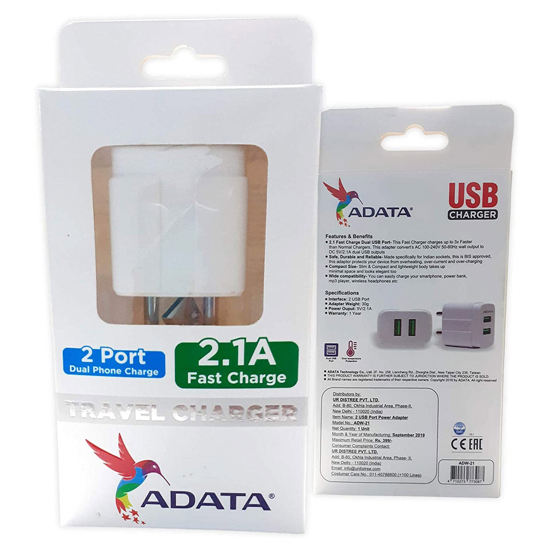 ADATA ADW-21 डुअल USB पोर्ट वॉल चार्जर 2.1A फास्ट चार्जिंग और इंटेलिजेंट चार्जिंग टेक्नोलॉजी के साथ