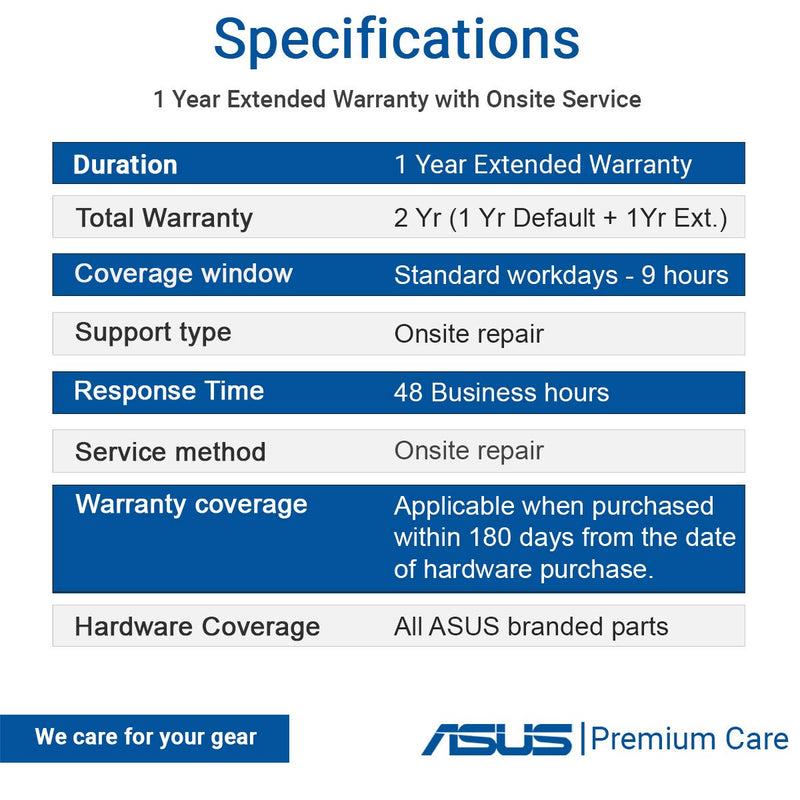 ASUS Premium Care 1 Year Extended Warranty Pack with Onsite Service for Chromebook Vivobook Zenbook Series Laptops