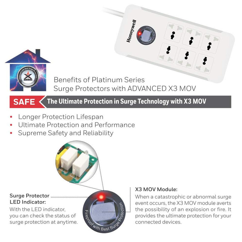 Honeywell Platinum Series 6 Output Surge Protector Extension Cable with Master Switch and LED Indicator
