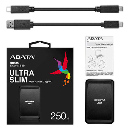 शॉक रेज़िस्टेंस के साथ ADATA SC685 250GB USB-C एक्सटर्नल सॉलिड स्टेट ड्राइव 