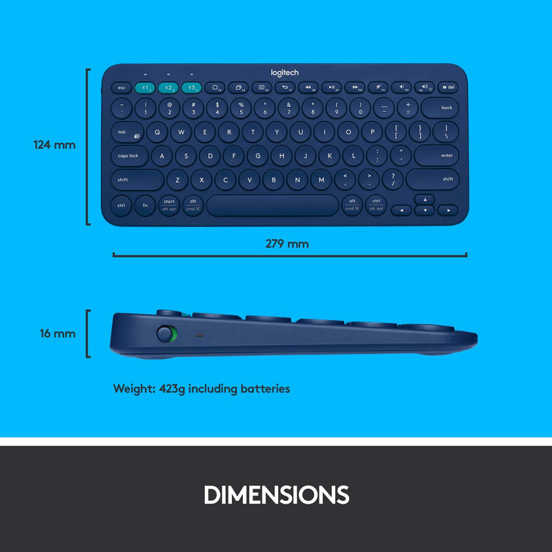 Logitech K380 Bluetooth Wireless Multi-Device Blue Keyboard with Up to 3 Devices Connectivity and 2 Year Battery Life