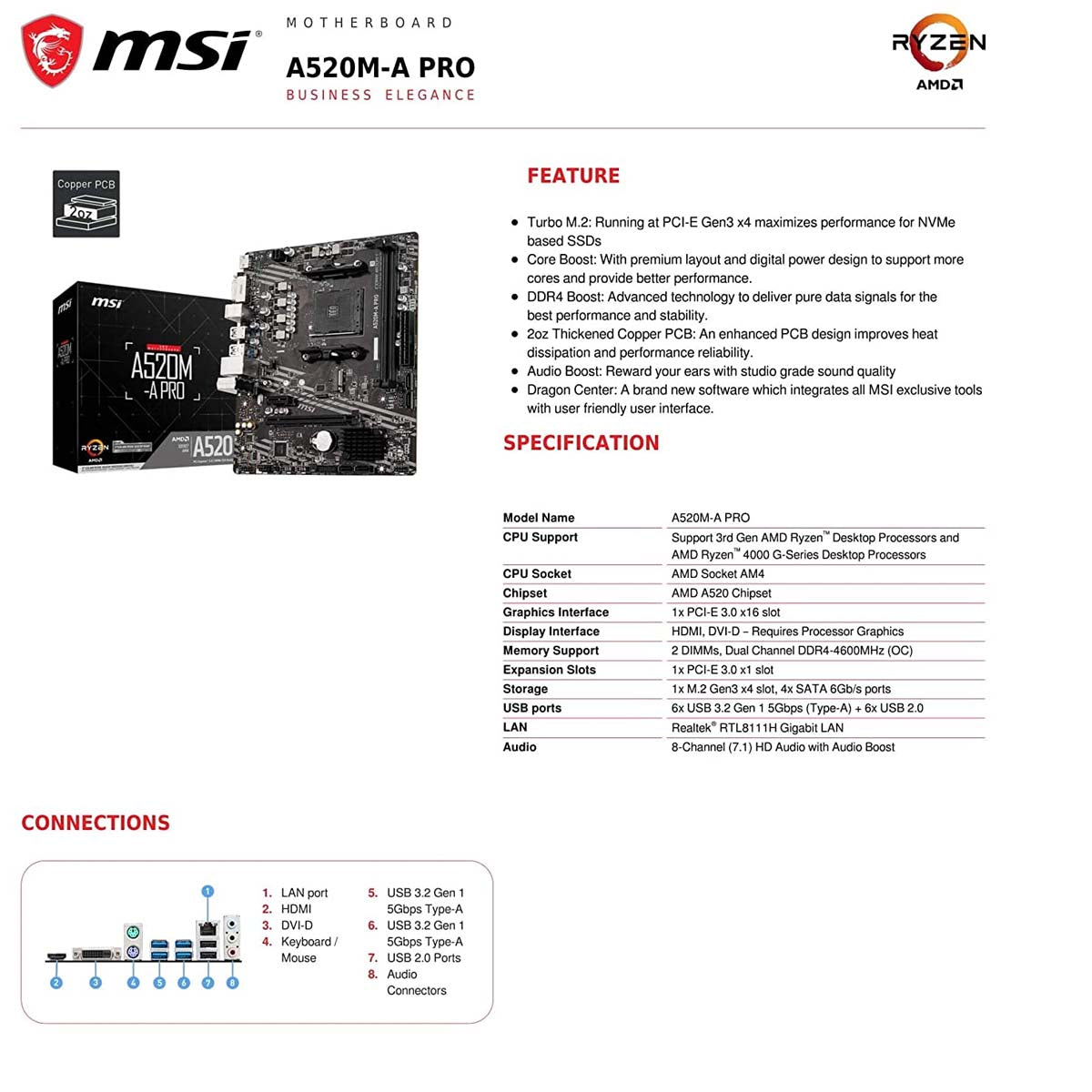 MSI A520M-A PRO AMD AM4 mATX मदरबोर्ड कोर बूस्ट और ऑडियो बूस्ट के साथ