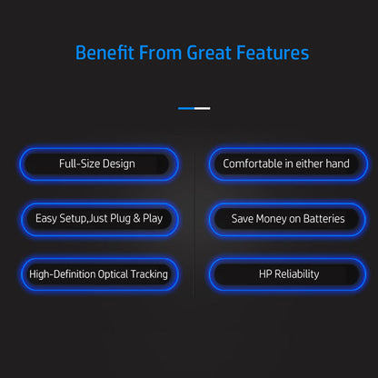 HP M10 Wired USB Optical Ergonomic Mouse with 3 Buttons and 1000DPI