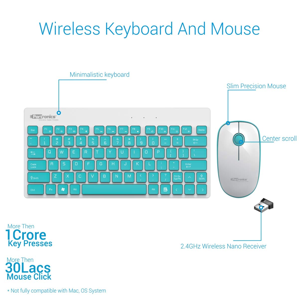 Portronics Key2-A Combo Wireless Keyboard and 1500DPI Optical Mouse Combo - White