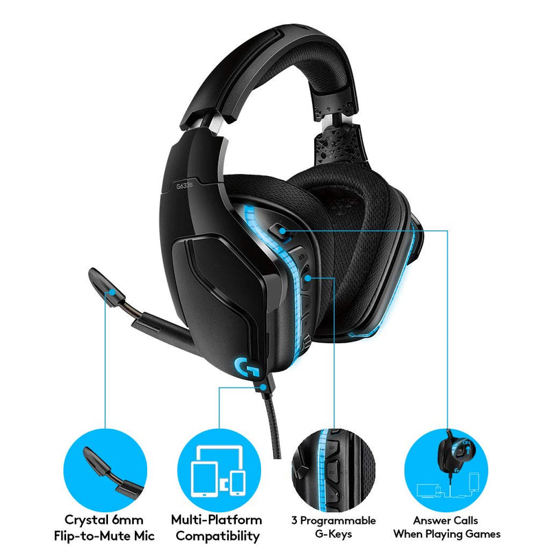 Logitech G633S Over-Ear Gaming RGB Headset with 7.1 Surround Sound 50mm Drivers Mic and Lightsync