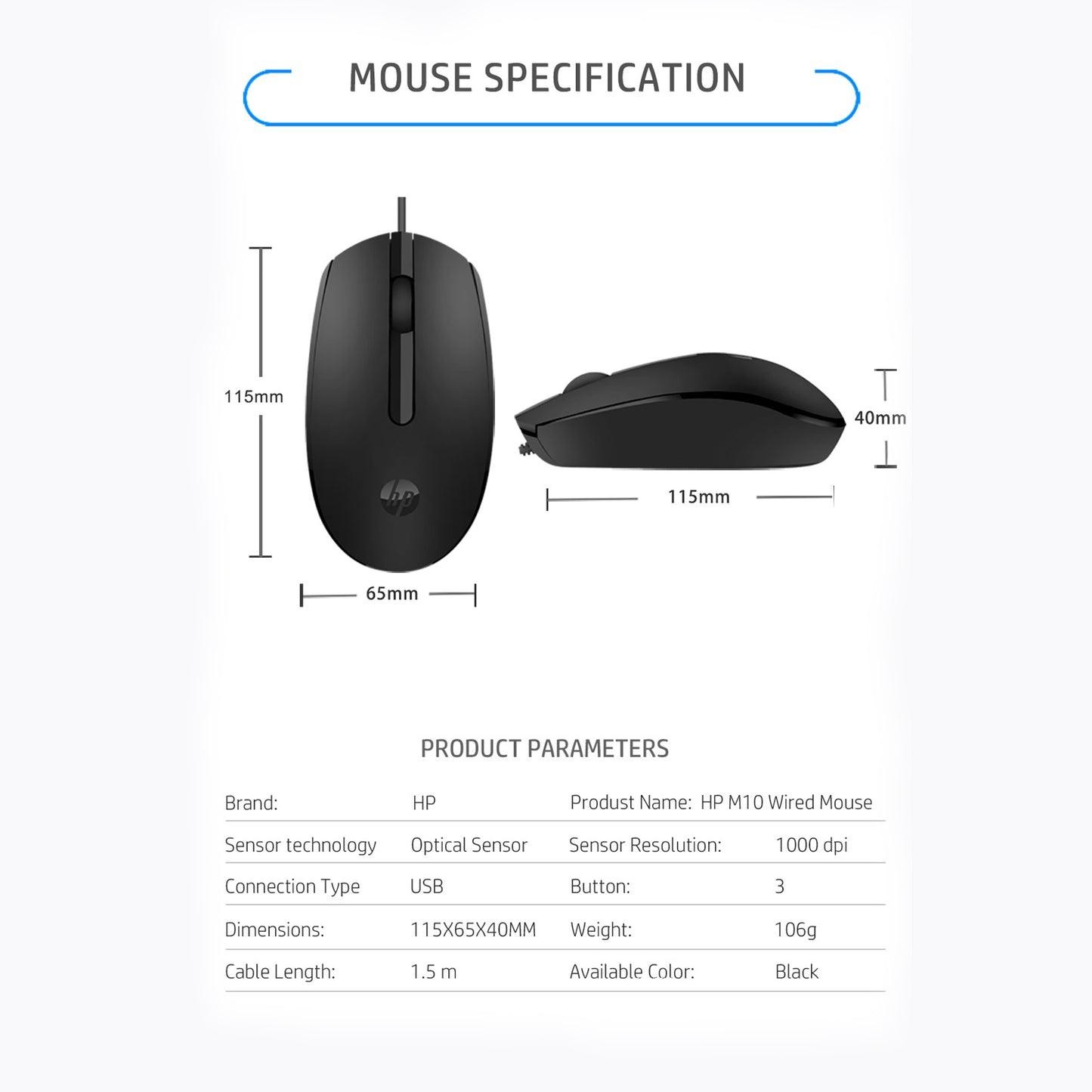 HP M10 Wired USB Optical Ergonomic Mouse with 3 Buttons and 1000DPI