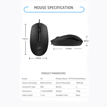 HP M10 Wired USB Optical Ergonomic Mouse with 3 Buttons and 1000DPI
