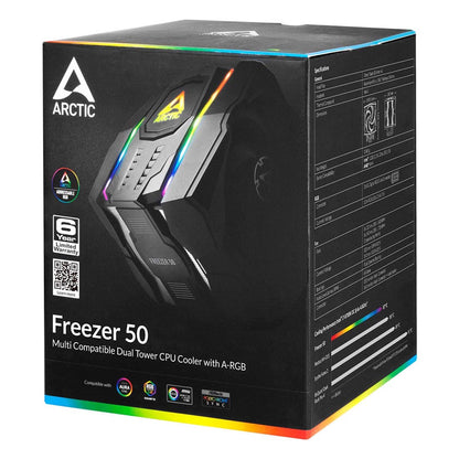 A-RGB और ट्विन फैन के साथ ARCTIC फ्रीजर 50 ड्युअल टावर CPU एयर कूलर