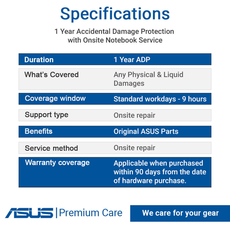 ASUS Premium Care 1 Year ADP Add-on Warranty Extension Pack with Onsite Service for Chromebook Vivobook Zenbook Series Laptops