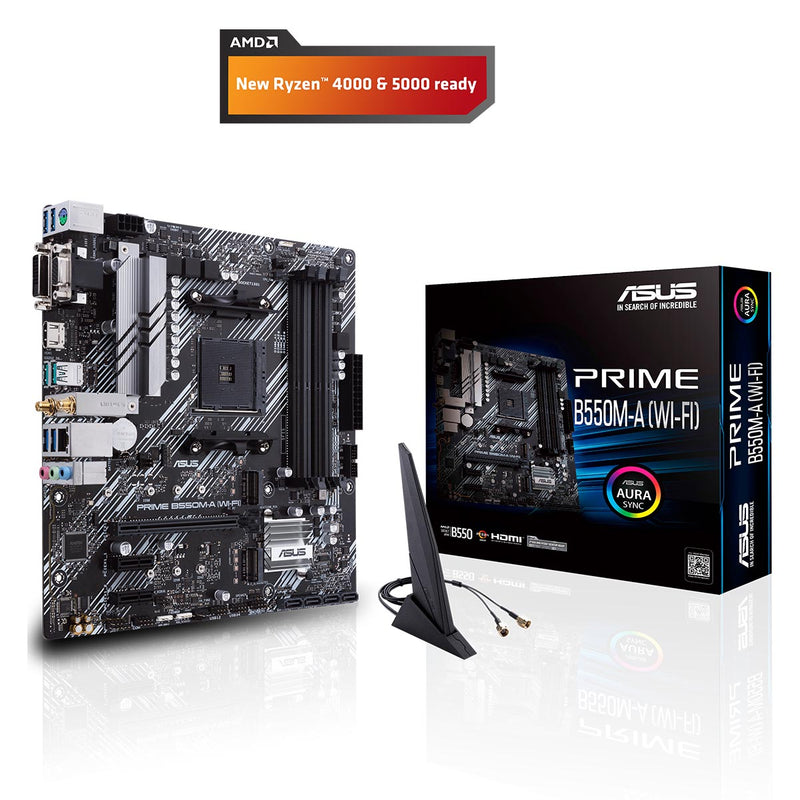 ASUS B550 PRIME B550M-A WIFI AMD A4 mATX Motherboard with PCIe 4.0 Dual M.2 and Aura Sync