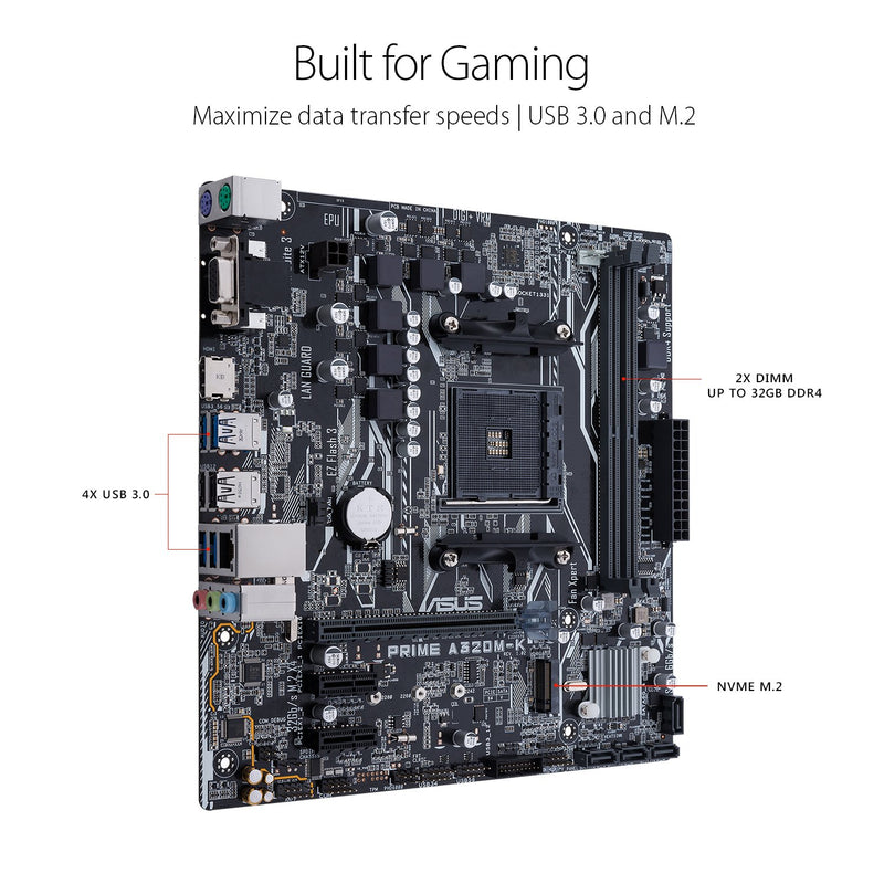 ASUS PRIME A320M-K AMD AM4 Micro-ATX Motherboard with DDR4 3200MHz and M.2