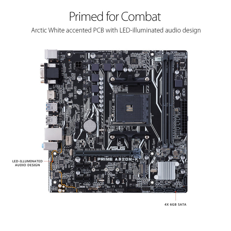 ASUS PRIME A320M-K AMD AM4 Micro-ATX Motherboard with DDR4 3200MHz and M.2