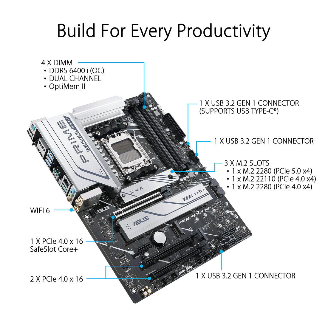Asus Prime X670-P WIFI AMD सॉकेट AM5 ATX मदरबोर्ड PCIe 5.0 USB 4 हैडर और तीन M.2 स्लॉट के साथ