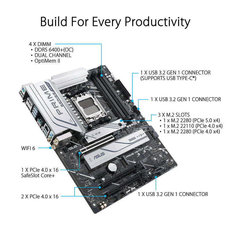 ASUS PRIME X670-P WIFI CSM AMD Socket AM5 ATX Motherboard with DDR5 and PCIe 5.0