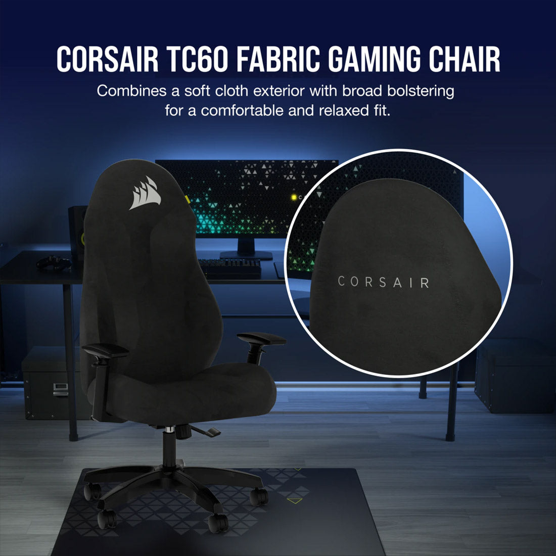 CORSAIR TC60 Fabric Black Gaming Chair with 105° Reclining Seat and 3D Arm Adjustment