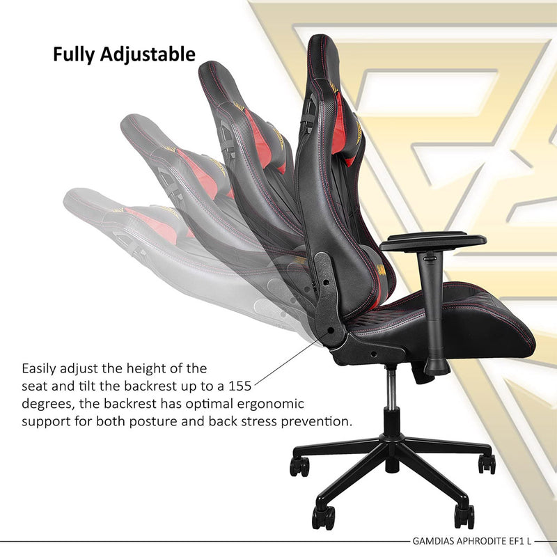 Gamdias Aphrodite EF1 L Gaming Chair with 155° Adjustable Backrest and 2D Armrest - Red & Black