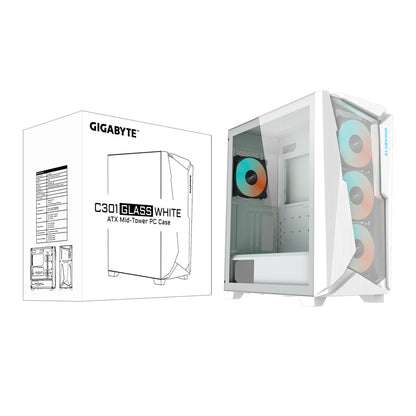 GIGABYTE C301 Glass White ARGB Mid-Tower Cabinet with 4 Pre-installed PWM Fans