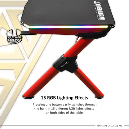 Gamdias Daedalus M1 RGB गेमिंग डेस्क बिल्ट-इन RGB लाइट्स और एडजस्टेबल फीट नॉब के साथ - काला और लाल 