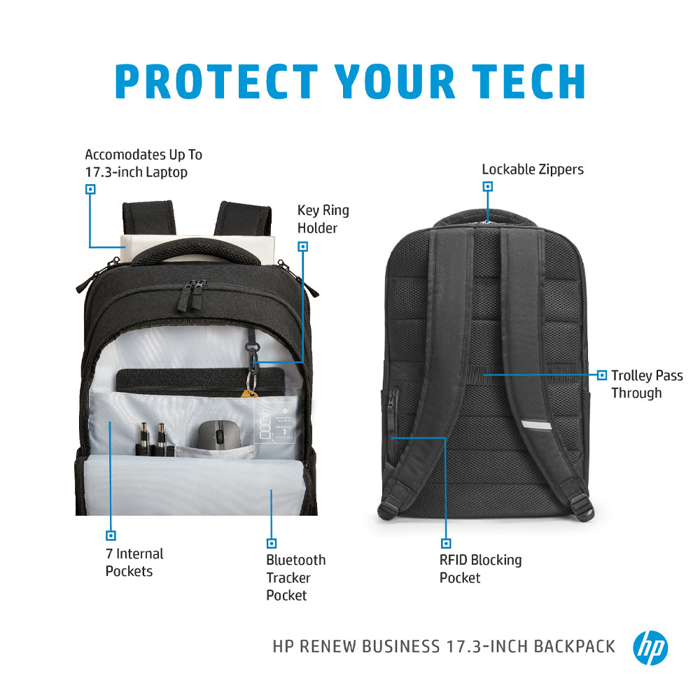 HP Renew Business 17.3 इंच का लैपटॉप बैकपैक RFID और ब्लूटूथ ट्रैकर पॉकेट के साथ