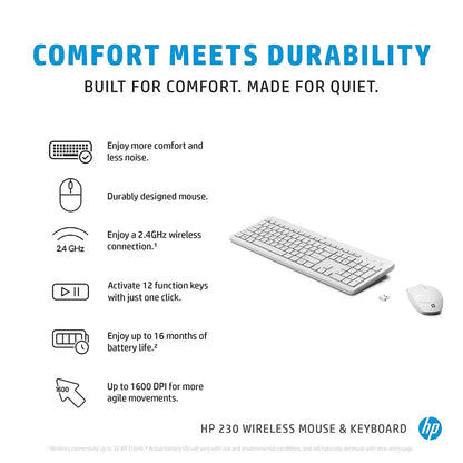 [पुन: पैक किया गया] HP 230 वायरलेस कीबोर्ड और 1600DPI ऑप्टिकल माउस अल्ट्रा स्लिम कॉम्बो - सफ़ेद