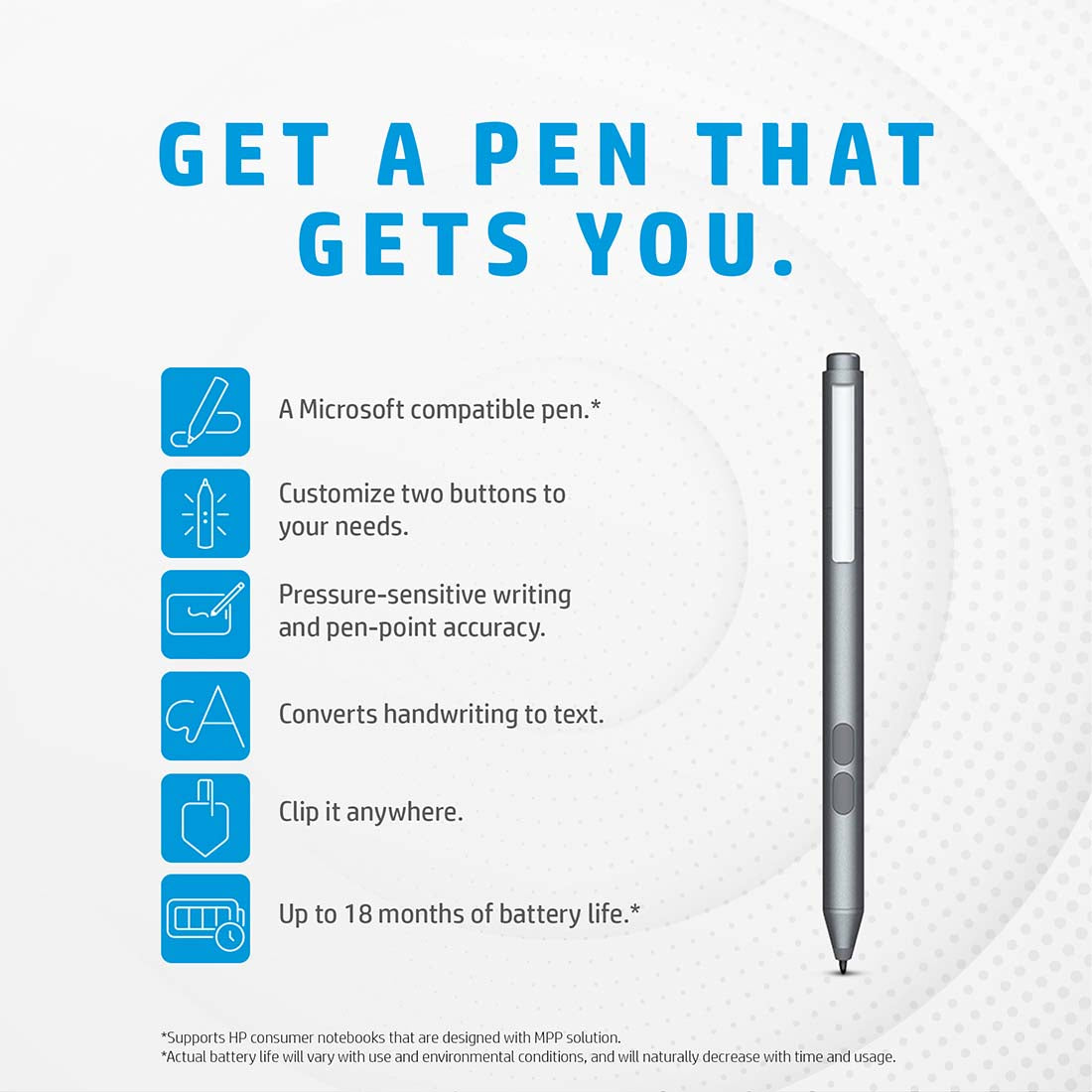 HP MPP 1.51 स्टाइलस पेन 18 महीने की बैटरी लाइफ और माइक्रोसॉफ्ट पेन प्रोटोकॉल के साथ