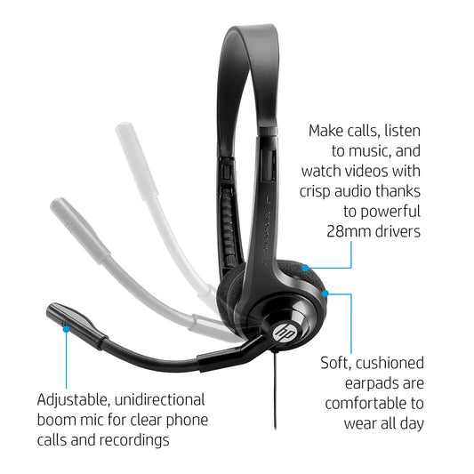 HP 150 Boom Mic On-Ear Wired Headset with Cushioned Pads and Adjustable Headband