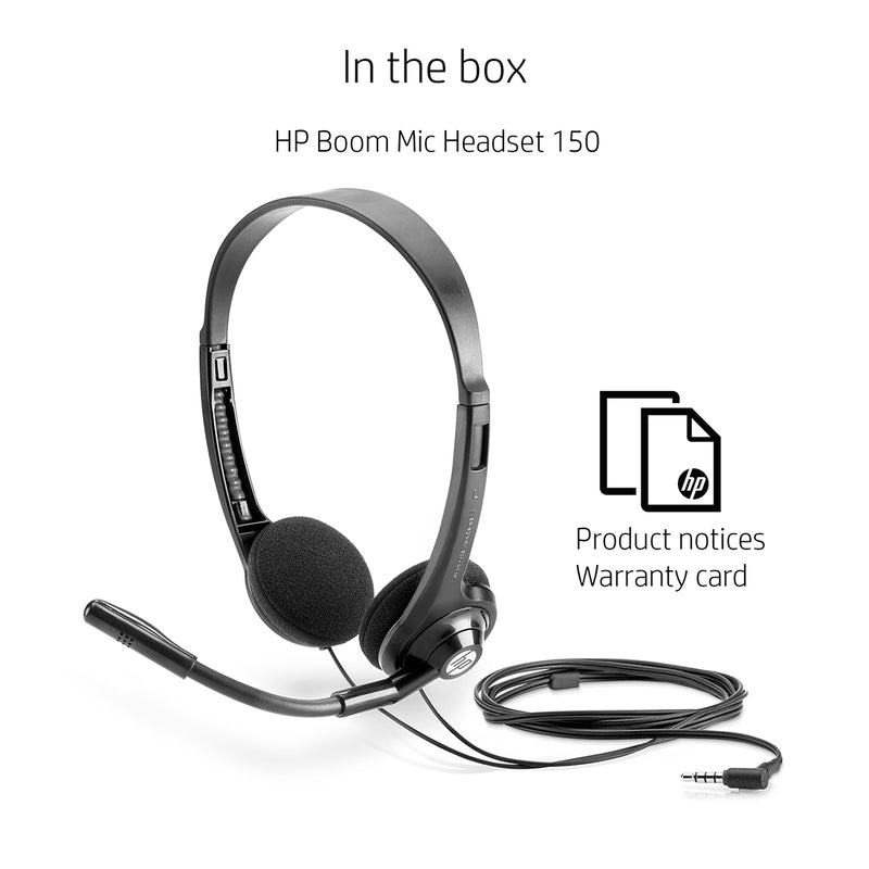 HP 150 Boom Mic On-Ear Wired Headset with Cushioned Pads and Adjustable Headband