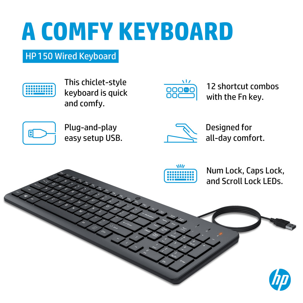 HP 150 Wired Full-Size Keyboard with Low-Profile Quiet Keys