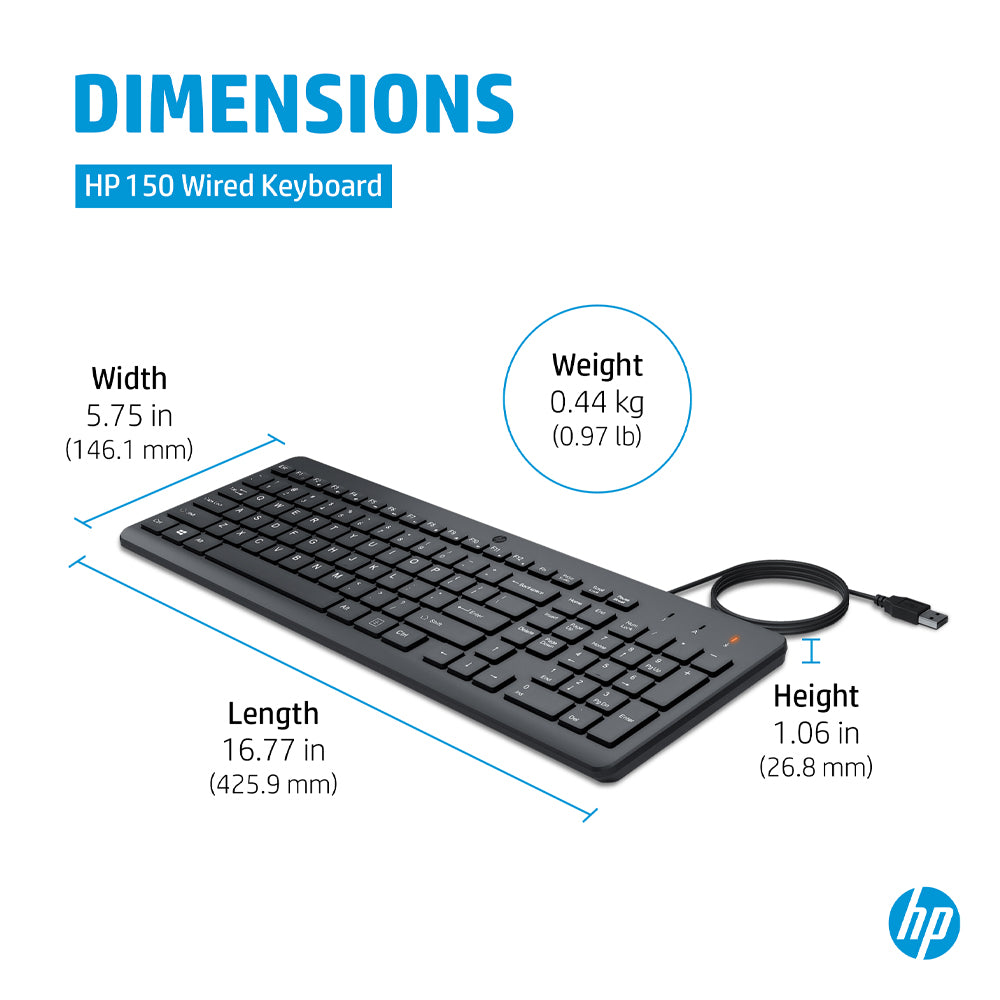 HP 150 Wired Full-Size Keyboard with Low-Profile Quiet Keys