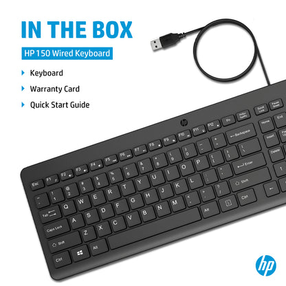 HP 150 Wired Full-Size Keyboard with Low-Profile Quiet Keys