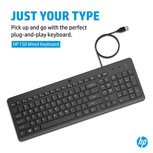 HP 150 Wired Full-Size Keyboard with Low-Profile Quiet Keys