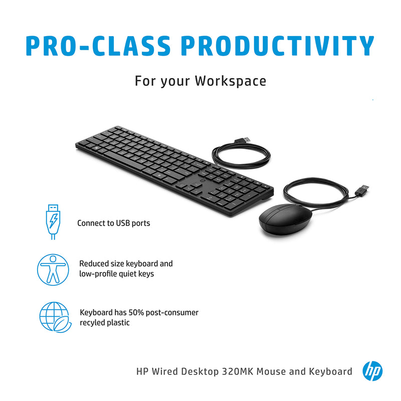 HP 320MK Wired Desktop Optical Mouse and Full-Size Keyboard Combo