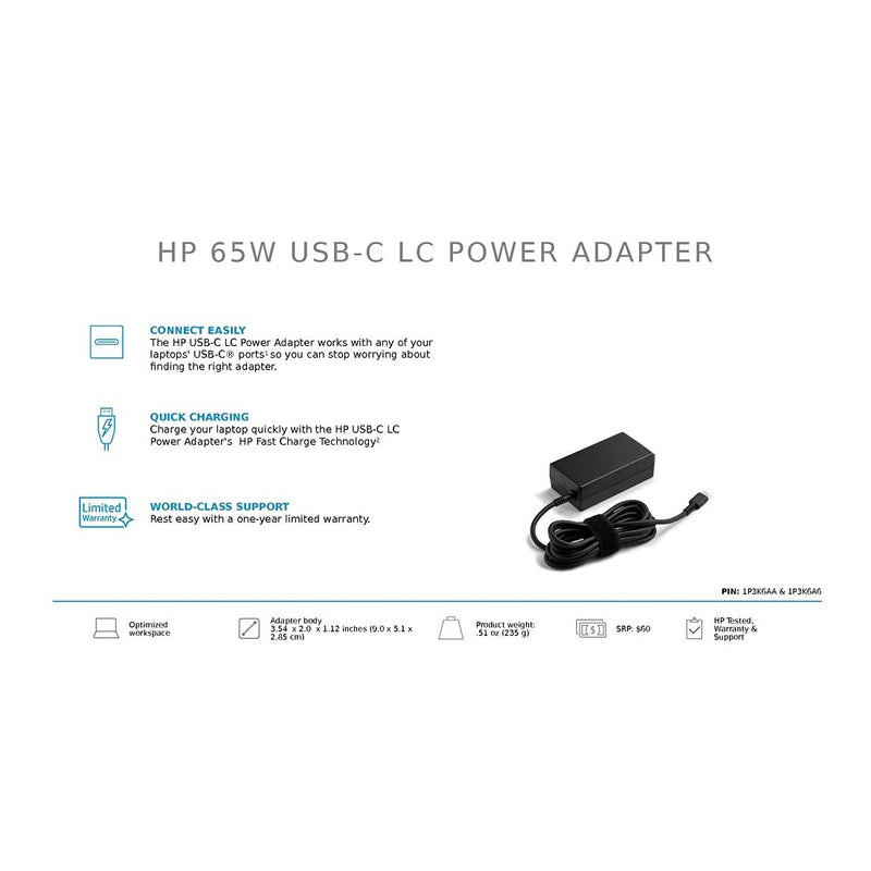 Chargeur USB-C 65 watts arrondie original pour HP EliteBook x360 1040 G8 