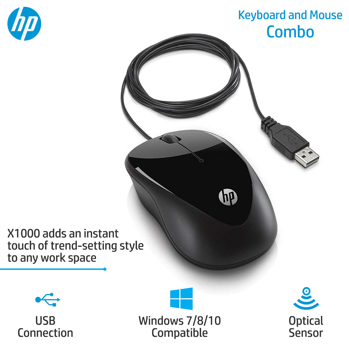 HP USB Wired Combo Keyboard 100 and X1000 Mouse (H2C21AA, 2UN30AA)