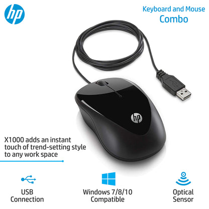 HP USB वायर्ड कॉम्बो कीबोर्ड 100 और X1000 माउस (H2C21AA, 2UN30AA)