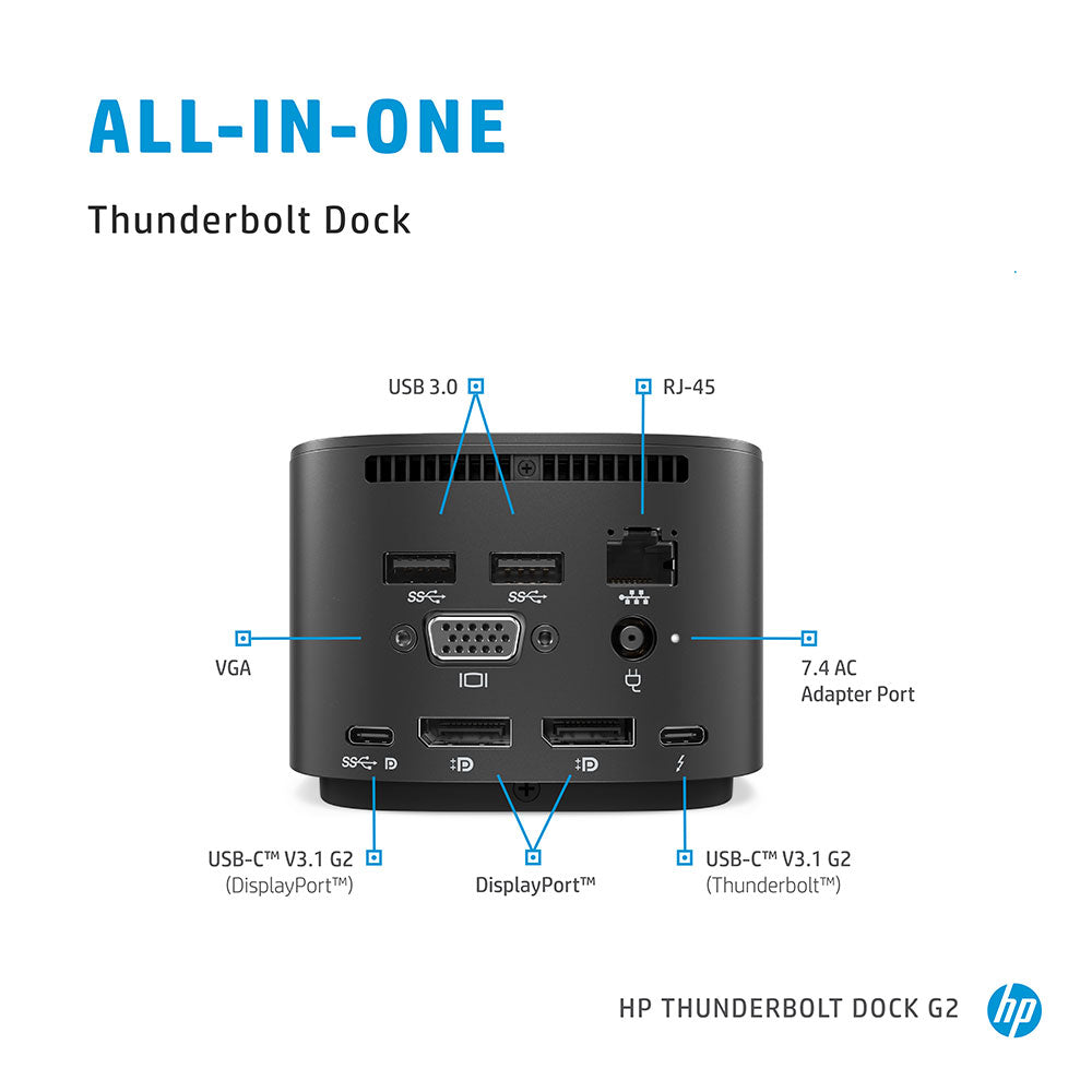 HP Thunderbolt G2 230W डॉकिंग स्टेशन कॉम्बो केबल RJ-45 पोर्ट USB-C और 2 डिस्प्ले तक कनेक्टिविटी के साथ
