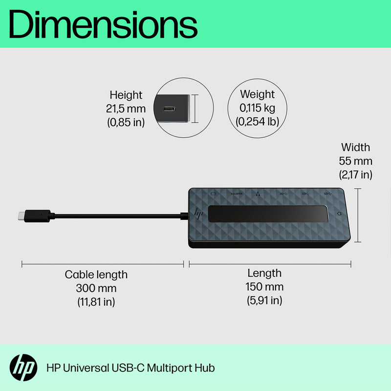 HP Universal USB-C Multiport Hub, HDMI Port, RJ45 Ethernet Port, DisplayPort 1.2 Ports, 4K Dual Outputs, USB-A, 3.2 Ports, USB-C Passthrough