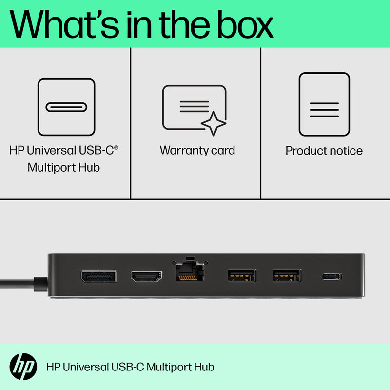 HP Universal USB-C Multiport Hub, HDMI Port, RJ45 Ethernet Port, DisplayPort 1.2 Ports, 4K Dual Outputs, USB-A, 3.2 Ports, USB-C Passthrough