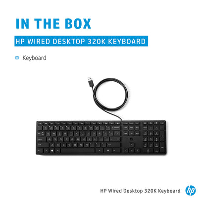 HP 320K वायर्ड डेस्कटॉप फुल-साइज़ कीबोर्ड लो-प्रोफाइल शांत कुंजियों और एडजस्टेबल ऊंचाई के साथ