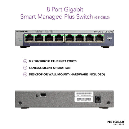 NETGEAR GS108E 8-पोर्ट गीगाबिट प्लस नेटवर्क हब