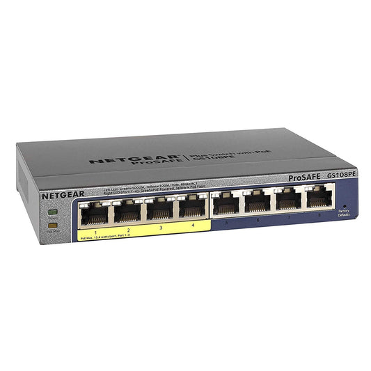NETGEAR GS108PE 8-पोर्ट गीगाबिट ईथरनेट प्लस नेटवर्क हब 4 पोर्ट PoE के साथ